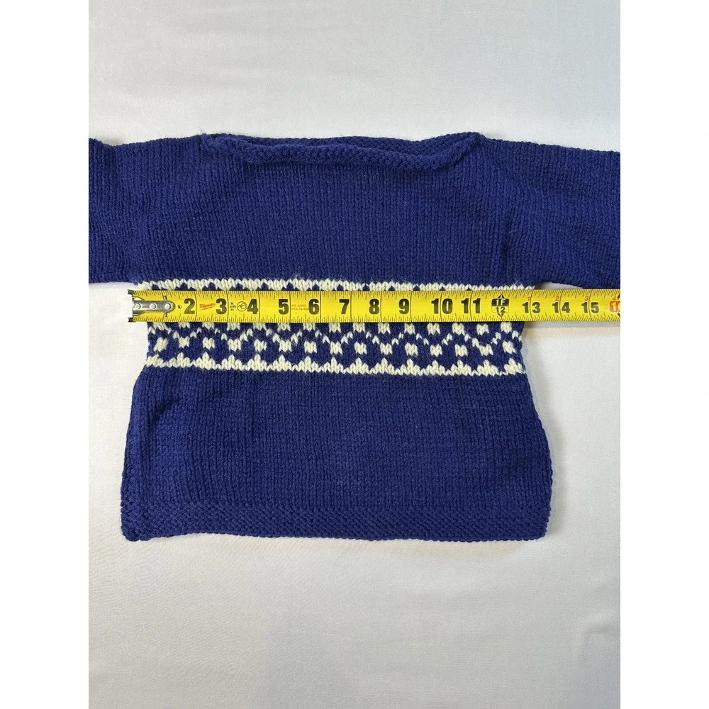 Vtg‎ Handmade Knit Baby Sweater Fair Isle Boatneck Blue Cozy Size 3-6 Months